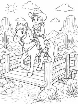Coloring page of a cowboy crossing a wooden bridge.