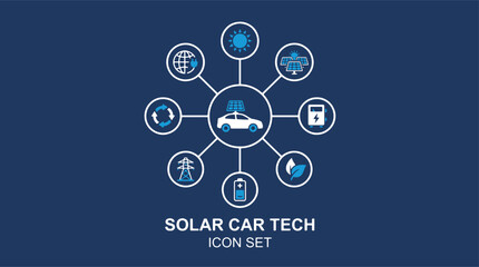 Fototapeta premium Vector set of sixteen electric vehicle home charger icons including smart wall box, solar integration, and battery storage for residential use