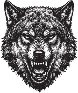 Angry wolf head drawing with bared teeth in vintage woodcut engraving style for aggressive wildlife mascot and logo on transparent background art.