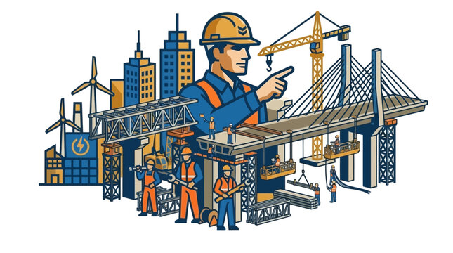 Construction worker pointing at city skyline illustration.