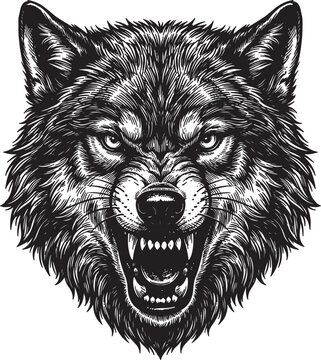 A fierce black and white hand-drawn illustration captures the angry and aggressive face of a snarling wolf with bared fangs.