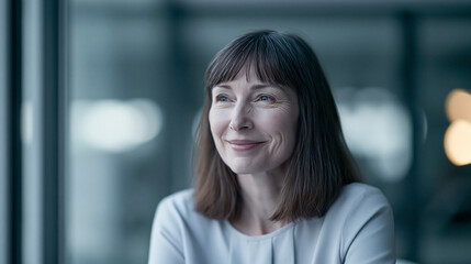 Fototapeta premium smiling female cio executive looking up in modern technology office, confident technology executive smiling across modern glass workplace, mature female business leader