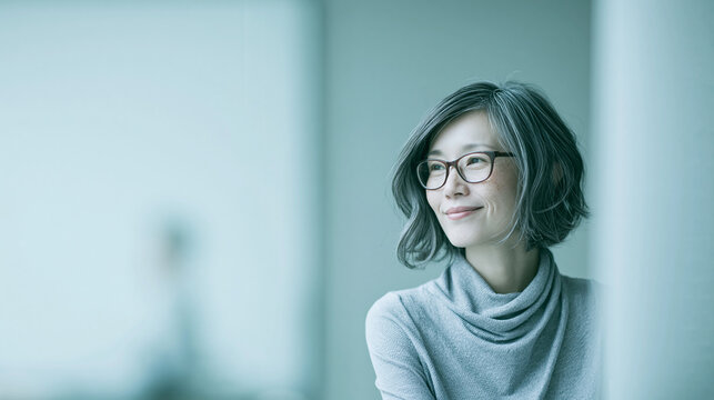 smiling female cio executive looking up in modern technology office, confident technology executive smiling across modern glass workplace, mature female business leader