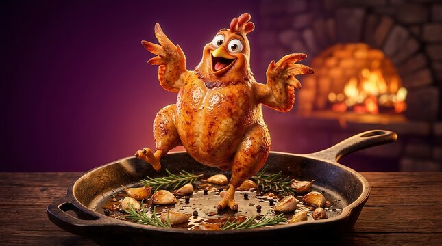 Cheerful roasted chicken character dancing in a cast iron skillet