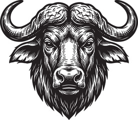 Fototapeta premium Black and white portrait head of african buffalo isolated on transparent background wild animal illustration for graphic design in vintage ink art.