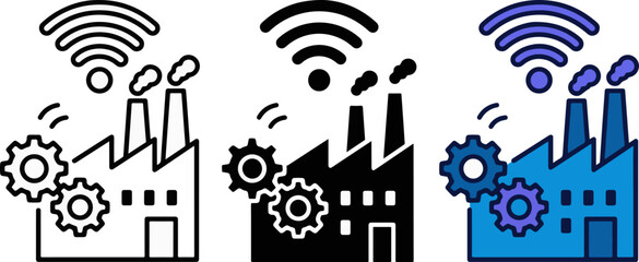 Obraz premium Smart factory icon set with industrial wifi signal and gears, automated manufacturing plant vector, digital industry 4.0 production facility symbols
