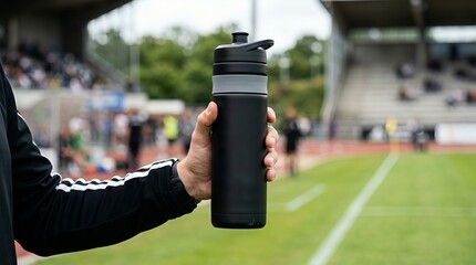 Naklejka premium Person holding a black reusable water bottle at a sports stadium