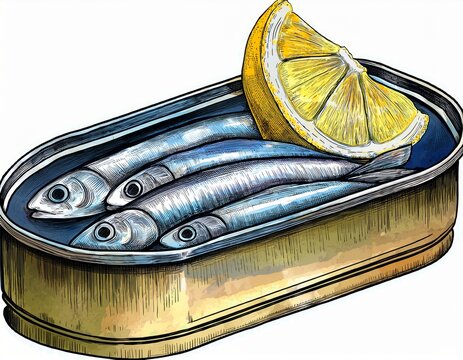 watercolor painting of sardines in a tin can with lemon slice