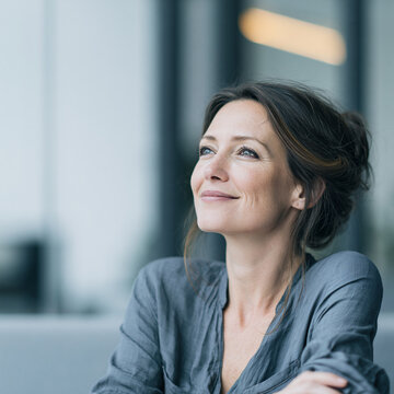 smiling female cio executive looking up in modern technology office, confident technology executive smiling across modern glass workplace, mature female business leader