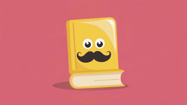 Animated yellow book character with a funny black mustache and wide eyes performing a cheerful motion in this digital footage