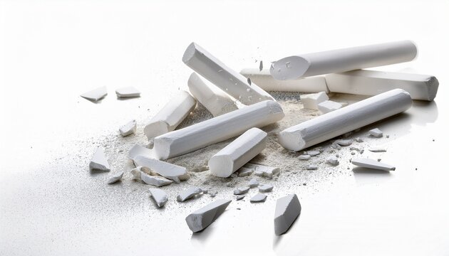 white chalk sticks exploding into pieces with dust particles flying captured in a dynamic studio shot isolated on a clean white background