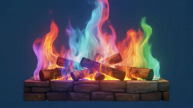 Vibrant rainbow colored flames burning on wooden logs in a stone fireplace captured in this magical digital animation video footage
