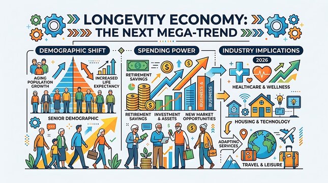 Longevity economy infographic showing demographic shifts and trends