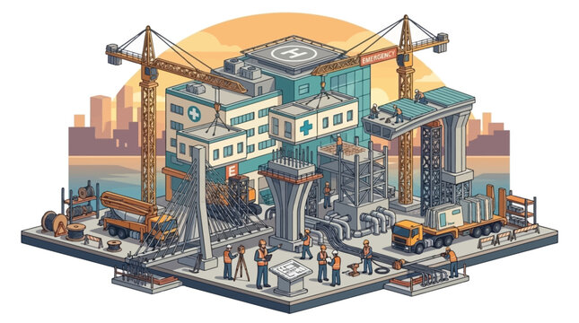 Isometric Construction Site with Workers and Cranes.
