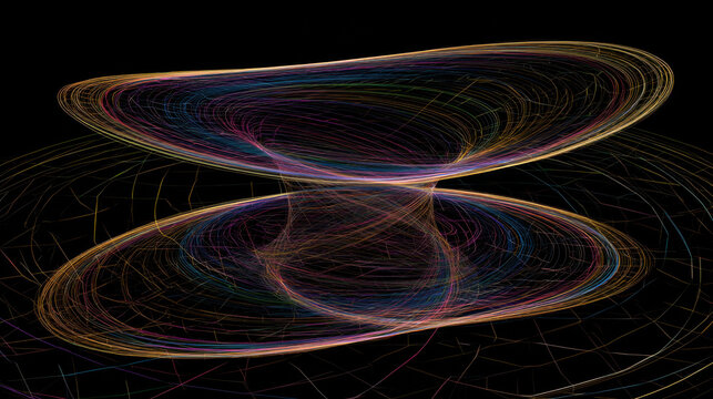Lines and curves twist together to form a 3D shape. The design features colorful patterns that create a sense of movement against a dark background