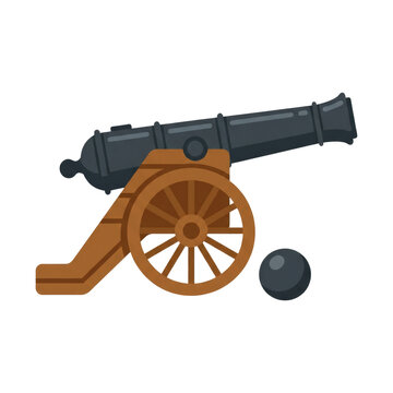 Flat design antique naval cannon with round cannonball, historical warfare weapon illustration