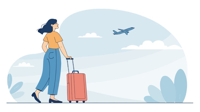 Traveler woman walking with suitcase towards airplane at airport terminal suitcase airplane vacation passenger departure traveling destination traveler adventure business transport