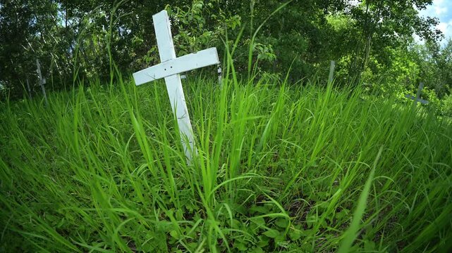 Old wooden Christian cross in an overgrown graveyard with grass and leaves moving in a strong wind