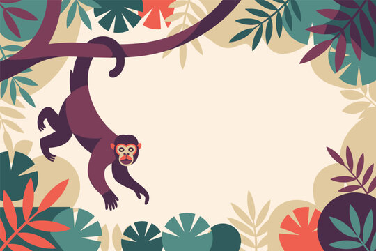 Flat illustration of a playful monkey hanging upside down from a thick tree branch, colorful graphic artwork, jungle concept