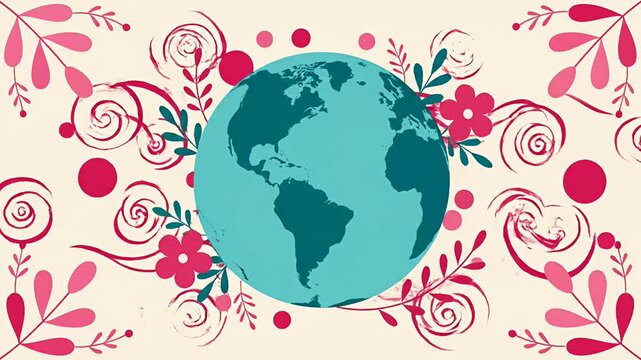 Flat vector Earth globe decorated with red flowers