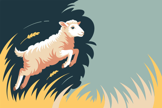 Flat illustration of a cute fluffy white sheep leaping playfully over the green grass, colorful graphic art, animal concept
