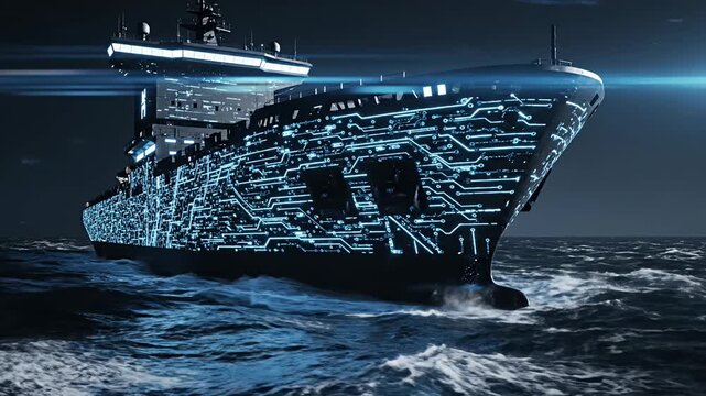 Futuristic cargo ship with digital circuit pattern at sea.