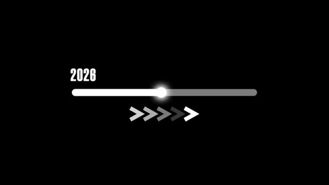 Progress bar with year 2026 and forward arrows on black background future animation
