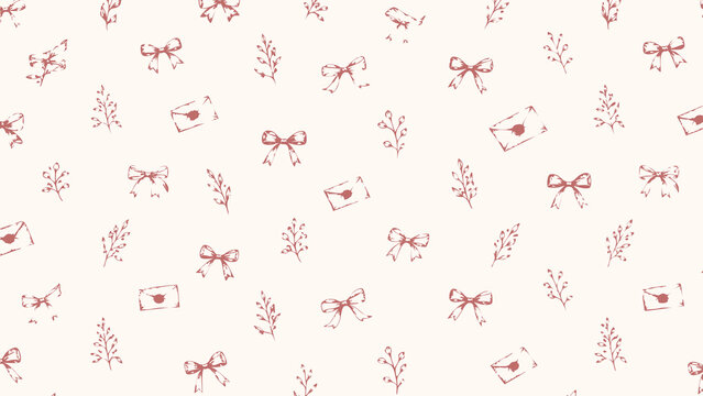 Vintage sketches of bows and envelopes vector pattern