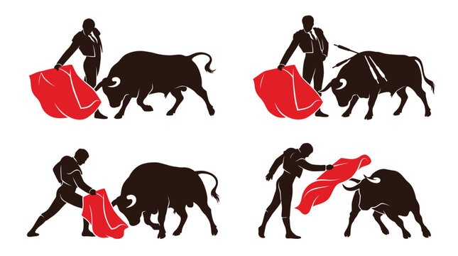 Detailed vector illustration set featuring professional matadors performing traditional bullfighting poses with vibrant red capes