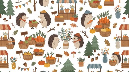 Fototapeta premium Cute hedgehogs gather fresh apples, carrots, and pumpkins at a busy outdoor autumn market