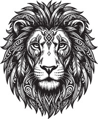 Obraz premium Stunning tribal lion head vector illustration with intricate geometric patterns and feathers for majestic mascot design or decorative wall art.