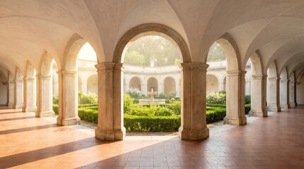 Obraz premium Italian arched loggia, Repeating stone arcade, Garden courtyard view, Elegant hospitality architecture, Symmetrical horizontal background