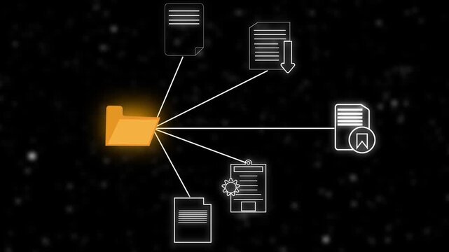Glowing orange folder connected to documents with download and bookmark icons Keywords: folder, animation