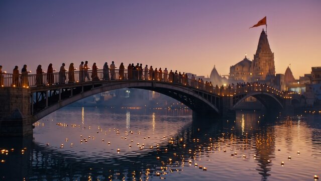 Sudama Setu Bridge at Twilight &ndash; Dwarkadhish Temple Janmashtami View