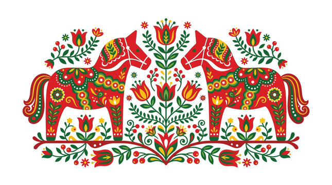 Traditional swedish dalahorse vector illustration featuring vibrant floral motifs and intricate folk art decorative patterns