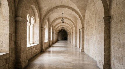 Obraz premium Italian vaulted stone corridor, Repeating arches perspective, Historic cloister walkway, Neutral masonry texture, Quiet architecture background
