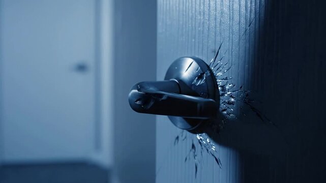 Cinematic Close-Up of A Damaged Residential Door Handle and Deadbolt with Visible Shattering and Dark Blue Background