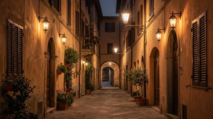 Fototapeta premium Italian old town alley, Warm evening architecture, Stone pavement and arches, Cozy travel street background, Clean night composition
