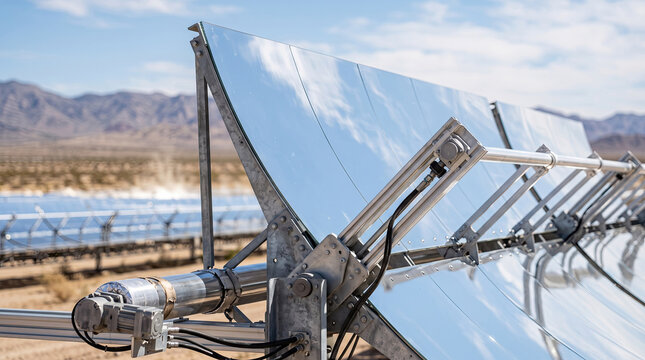 Solar mirror panels at concentrated solar power plant in desert with mountains