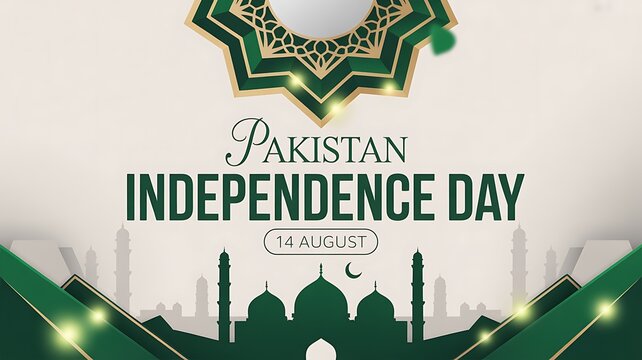 Pakistan independence day celebration banner with mosque