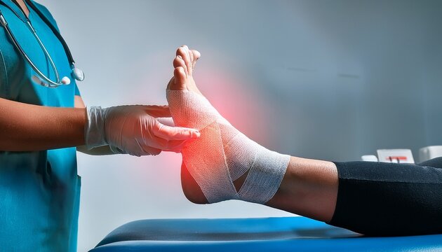 foot injury examination and medical bandaging podiatry and clinical rehabilitation doctor checking a patient s injured foot with red glow on exam table