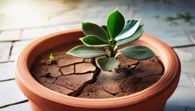 dying green houseplant in broken terracotta pot dry cracked soil plant neglect lack of care concept