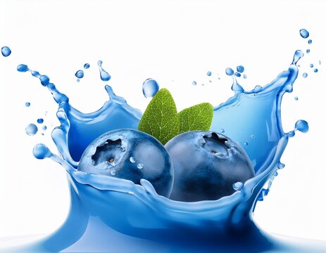 blue berry plus blue water color liquid or yogurt splash on isolated white generative ai