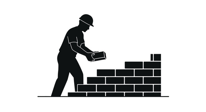 Construction worker building brick wall black silhouette builder mason bricklayer
