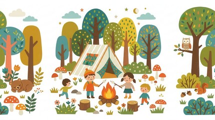 Fototapeta premium Forest night: 4 kids roast mallows by fire, tent nearby. Animals observe