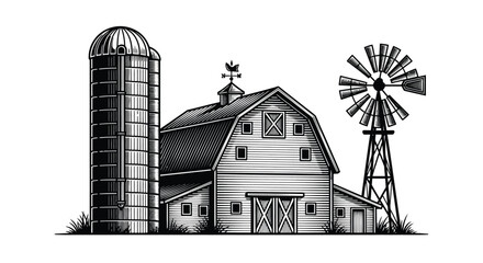 Farm buildings and windmill detailed engraving style silhouette farms barn © Laily begum