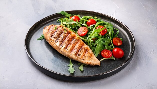 grilled chicken breast with arugula and tomatoes on a plate top view