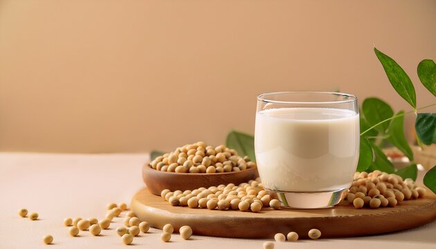 elegant glass of creamy soy milk on wooden board small pile of organic soybeans beige background healthy plant based milk