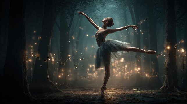 Fantasy wallpaper. A vivid portrayal of a ballerina gracefully dancing in a misty forest. The dancer, wearing a shimmering tutu and pointe shoes, is captured midmotion.