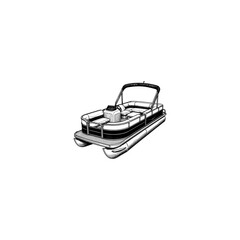 Black and white ink illustration of a pontoon recreational boat with watercraft nautical illustration recreation vacation transportation © MD. JONAED